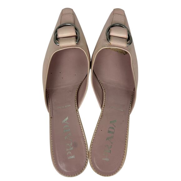 Prada Vintage 90s Khaki Leather Ballet Buckle Kitten Heel Mule 8 - Picture 5 of 9